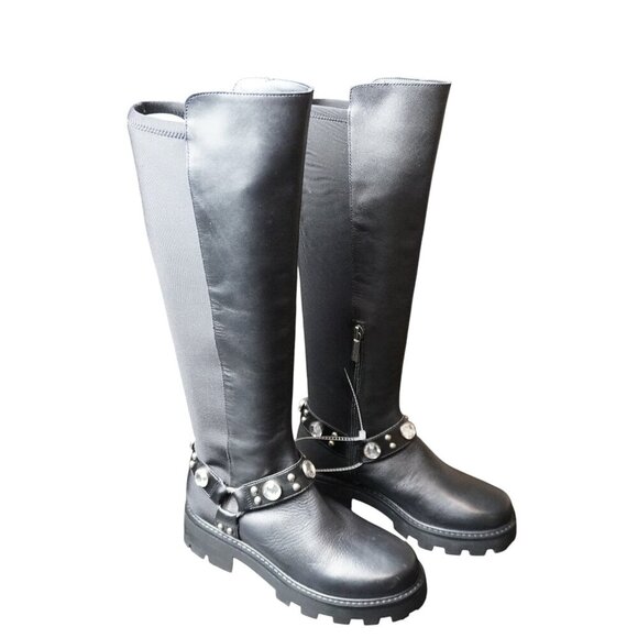 Karl Lagerfeld Milla Rhinestone Embellished Tall Leather Riding Boots - Picture 3 of 11